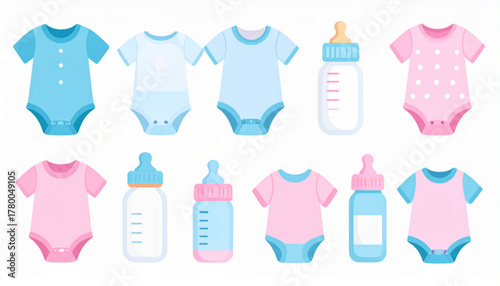 Soft Pink & Blue Flat Icons of Baby Care Essentials