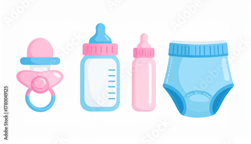 Soft Pink & Blue Flat Icons of Baby Care Essentials