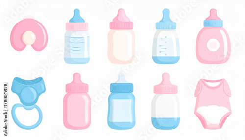 Soft Pink & Blue Flat Icons of Baby Care Essentials