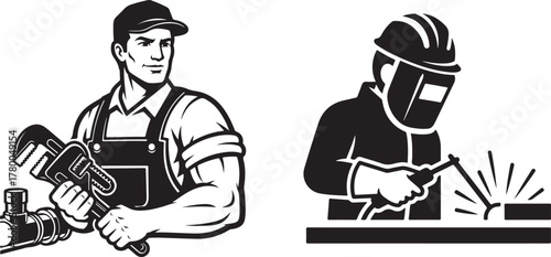 Flat vector plumber and welder icons in retro black and white style.