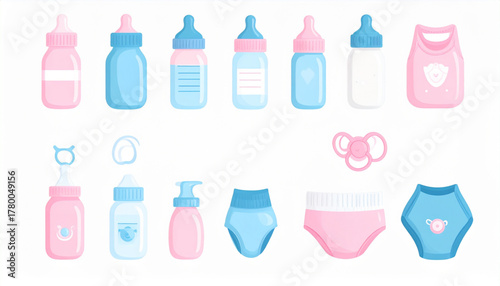 Soft Pink & Blue Flat Icons of Baby Care Essentials