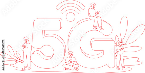 Red Outline of 5G Symbol with People Using Smartphones Around It on White Background