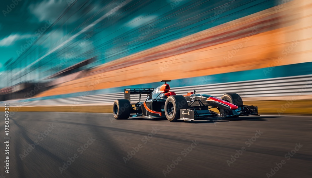 Fototapeta premium A race car speeding on a race track with motion blur creating dynamism, concept for motorsport event promotion, sports car advertising and high-performance vehicle showcase