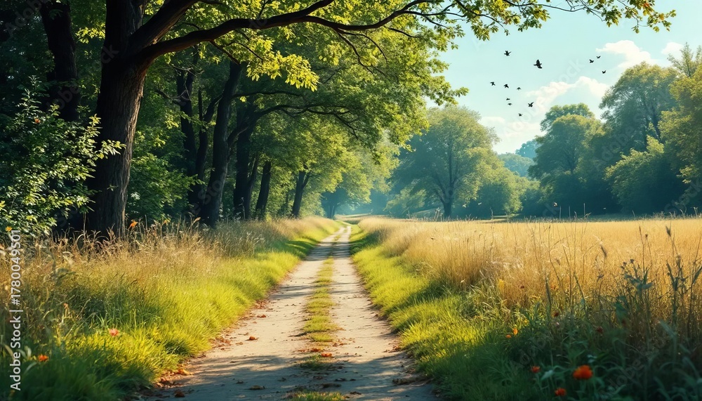 Obraz premium Discover Tranquility in Nature: An Adventure Through Sunlit Paths, Grassy Landscapes, and Scenic Views Beneath the Trees