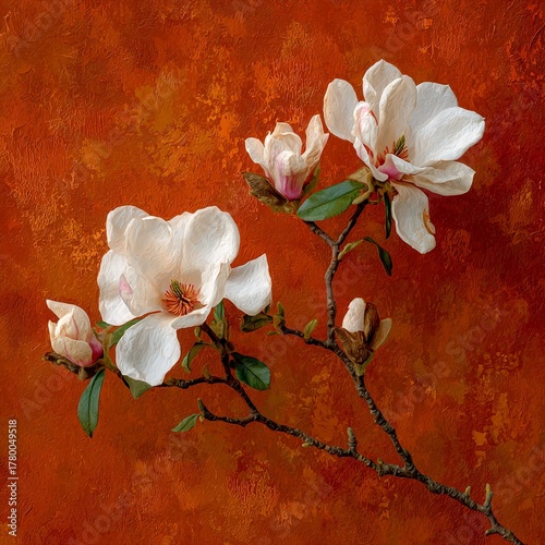 Magnolia blossoms against textured burnt orange painterly background.
