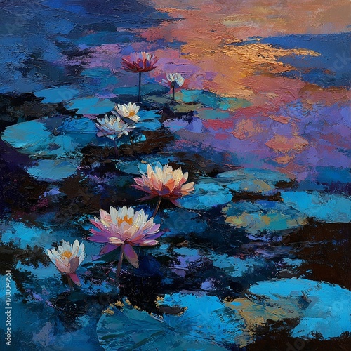 Water lilies glowing under dusk reflections in vivid indigo and coral.