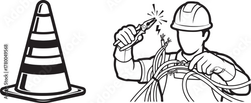 Black and White Vector Illustrations of Safety Cone and Electrician