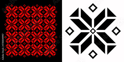 Intricate Slavic ornament with geometric patterns. Red on black & black on white designs, inspired by traditional embroidery and folk art motifs