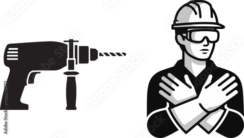 Black and White Drill Tool and Worker Safety Warning Graphic