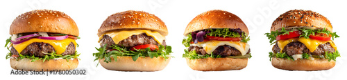 Delicious cheeseburgers with beef patties isolated on a transparent PNG background, white background, cut out