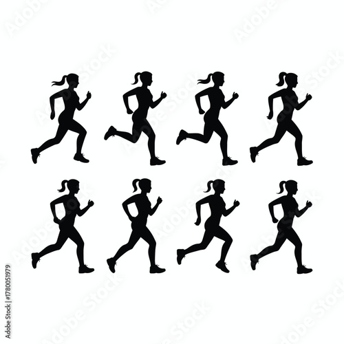 Female runners in silhouette black and white running athletic