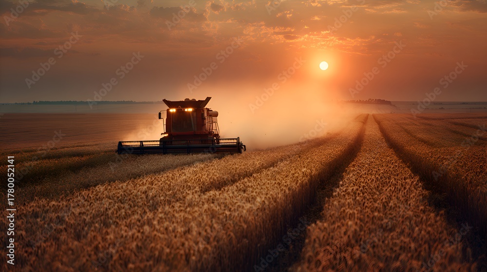 Fototapeta premium A combine harvester cuts ripe wheat stalks in a large open field du a fiery golden sunset harvest.