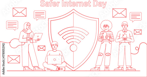 Safer Internet Day Outline People Using Devices with Security Shield and Email Icons Around Them
