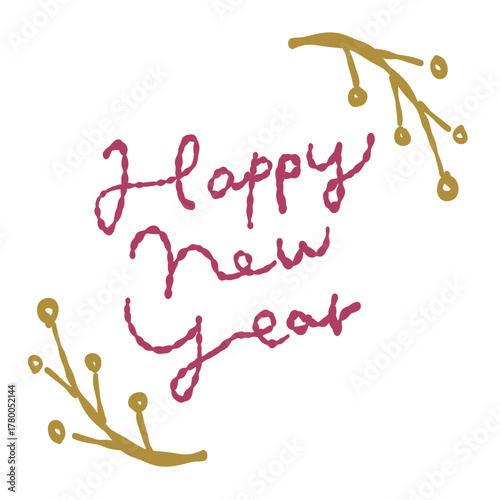 HAPPY NEW YEAR, New Year's greetings and antique-style plant decorations.  年賀状素材「ハッピーニューイヤー」あけましておめでとうの挨拶