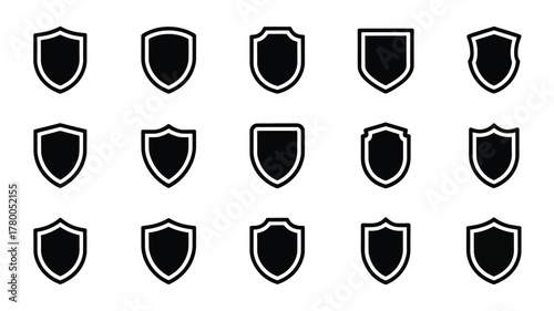 Fifteen black shield icons with white outlines security protection