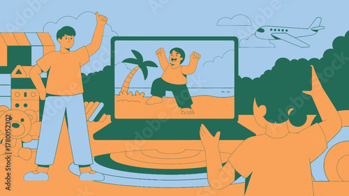 Two Children Video Chatting with a Child on a Beach Through a Laptop, Animated Style