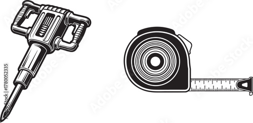 Black and White Vector Illustration of Industrial Construction Tools