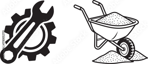 Black and White Vector Icons of Wrench, Gear, and Wheelbarrow with Sand