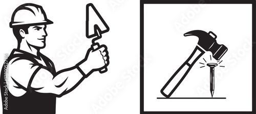 Monochrome Construction Worker with Trowel and Hammering Nail Icon