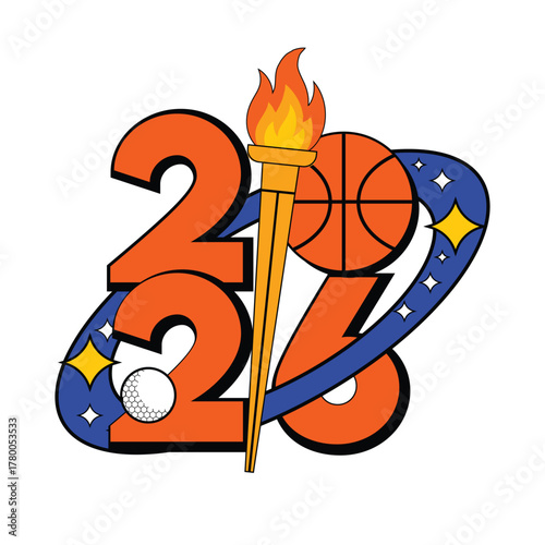 Illustration of the year 2026 with sports equipment isolated on white background