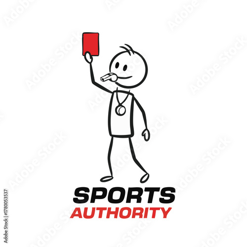 A cartoon referee figure with a red card and whistle represents sports authority and fair play in a stylized illustration.