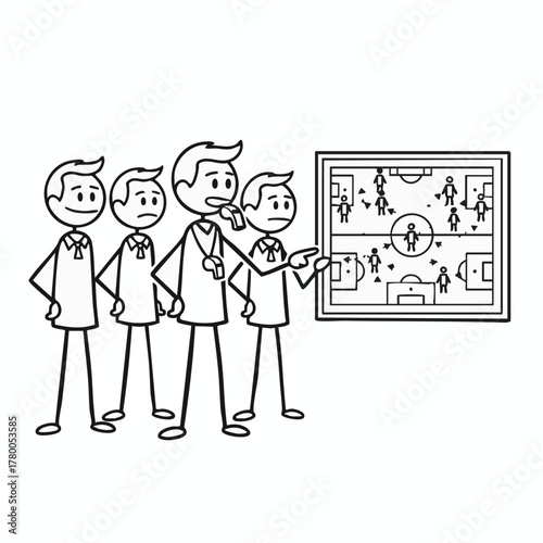 A dedicated stick figure coach provides clear tactical instructions to his focused soccer team, reviewing game strategy on a modern digital board.