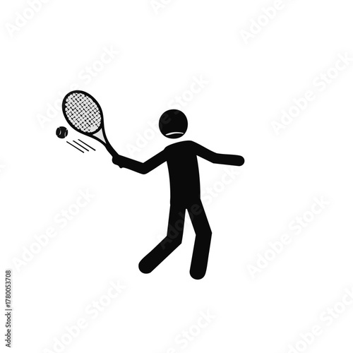 A simple black stick figure illustration depicts a person actively engaged in playing tennis, swinging a racket to hit a fast-moving ball.