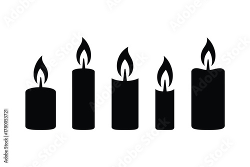 Five black candle silhouettes with burning flames candles