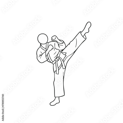 A minimalist black and white illustration depicts a person in a karate uniform executing a high kick, showcasing martial arts.