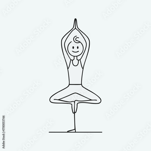 A minimalist stick figure illustration gracefully performs a yoga tree pose, symbolizing balance, mindfulness, and a healthy lifestyle through simple line art.