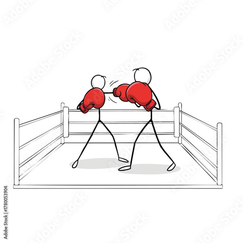 Two stick figure boxers engage in a match inside a boxing ring, showcasing competition and athletic activity with focus on combat.