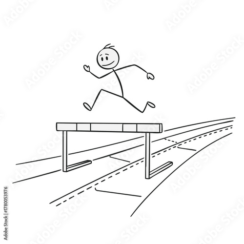 A stick figure confidently leaps over a hurdle on a track, representing overcoming obstacles and achieving goals with determination.
