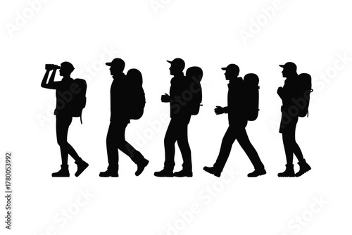 Five hikers with backpacks walking and observing binoculars
