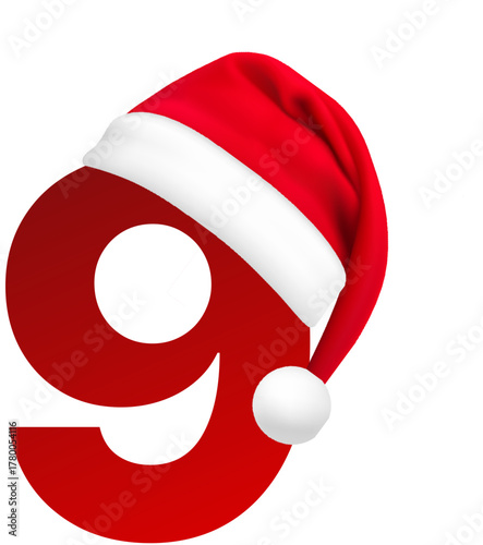Red Christmas 'Number 9' Icon with a Santa Hat for Holiday Countdown