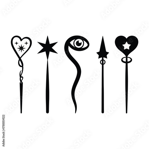 Five magical staffs with symbolic designs wands fantasy