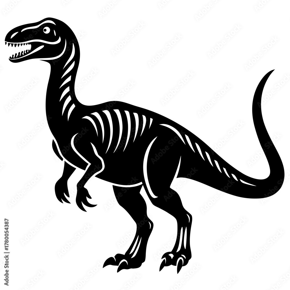 Fototapeta premium Black silhouette of a dinosaur skeleton with sharp teeth isolated on white background isolated on transparent background