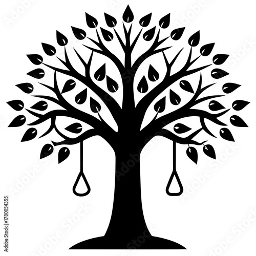 Stylized black tree silhouette with hanging nooses isolated on white background isolated on transparent background