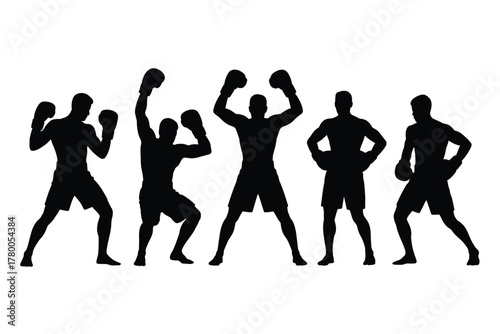 Five male boxers in silhouette with boxing gloves athletes sports
