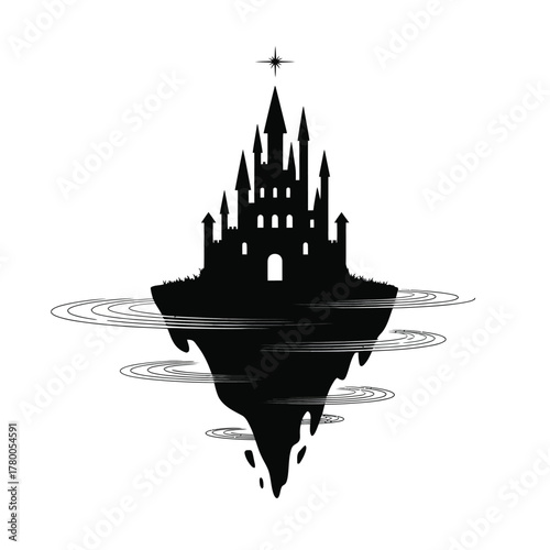 Floating castle silhouette with star floating island fantasy