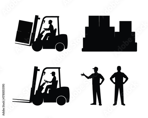 Forklift operators and warehouse workers with boxes vector