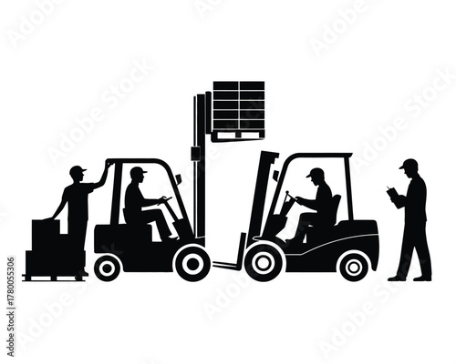 Forklift operators moving cargo and supervising warehouse workers