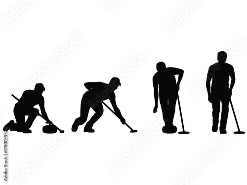 Four athletes in silhouette playing curling sport stone