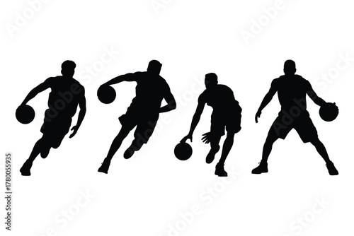 Four basketball players dribbling running black silhouettes vector