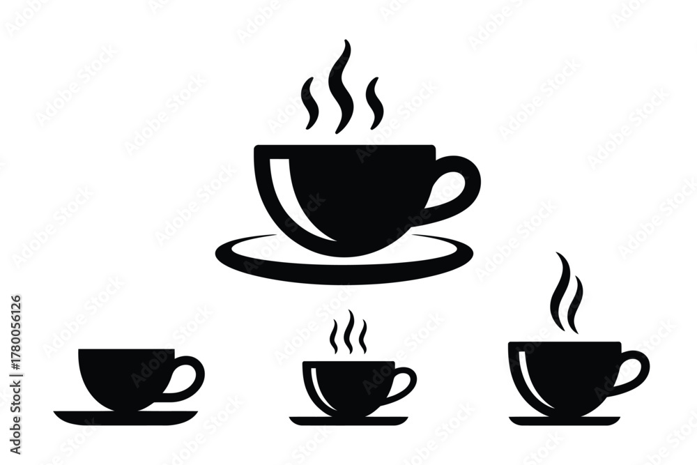Obraz premium Four black coffee cups with steam saucer