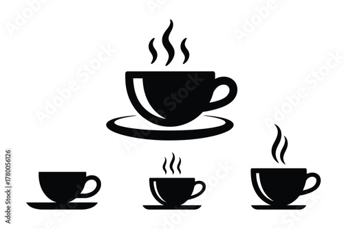 Four black coffee cups with steam saucer