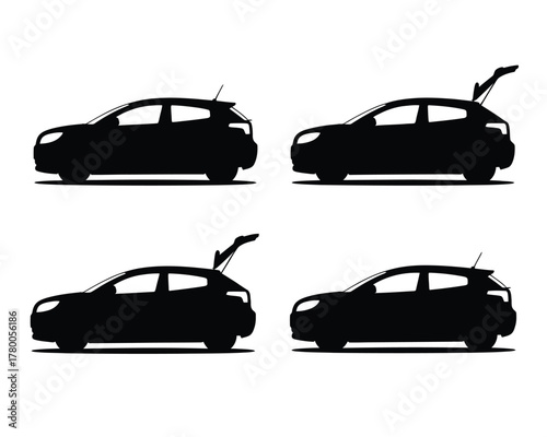 Four black hatchback car silhouettes with open trunks automobile