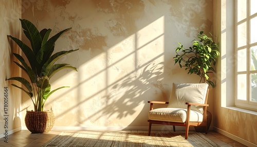 Wallpaper Mural Sunlit Interior with Plants and Rustic Wall Texture. Torontodigital.ca