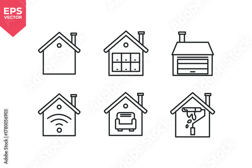 Set of line icons related to for home, warehouse, garage, smart house, armchair, renovation. Outline icons collection. Editable stroke. Vector illustration