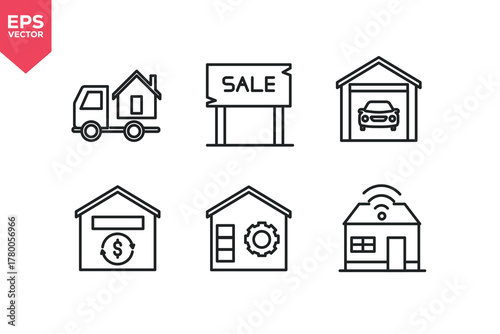 Set of line icons related to smart house, garage, sale, truck, refinancing, mechanical installation. Outline icons collection. Editable stroke. Vector illustration