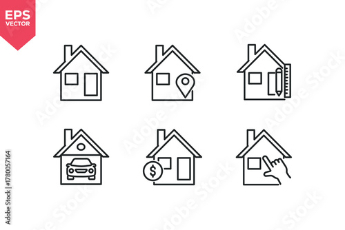 Set of line icons related to home, location, renovation, garage, property valuation, choice. Outline icons collection. Editable stroke. Vector illustration